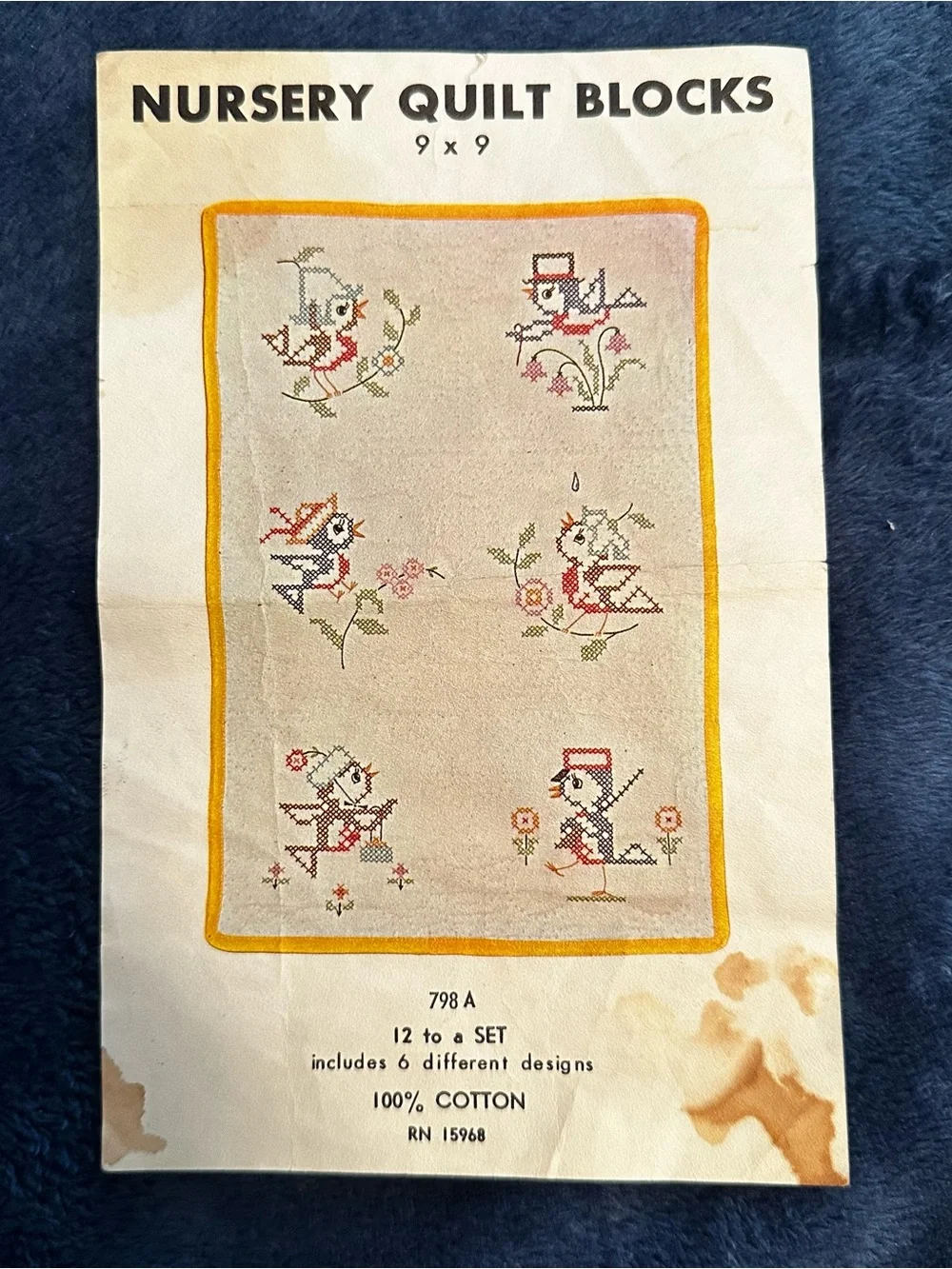 Vintage Whacky Birds Hand-Embroidered Cotton 9x9 Baby Quilt Blocks - 12 Complete